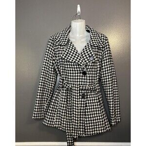 Jou Jou Trench Coat Womens Large Black White Houndstooth Belted Wool Blend Lined